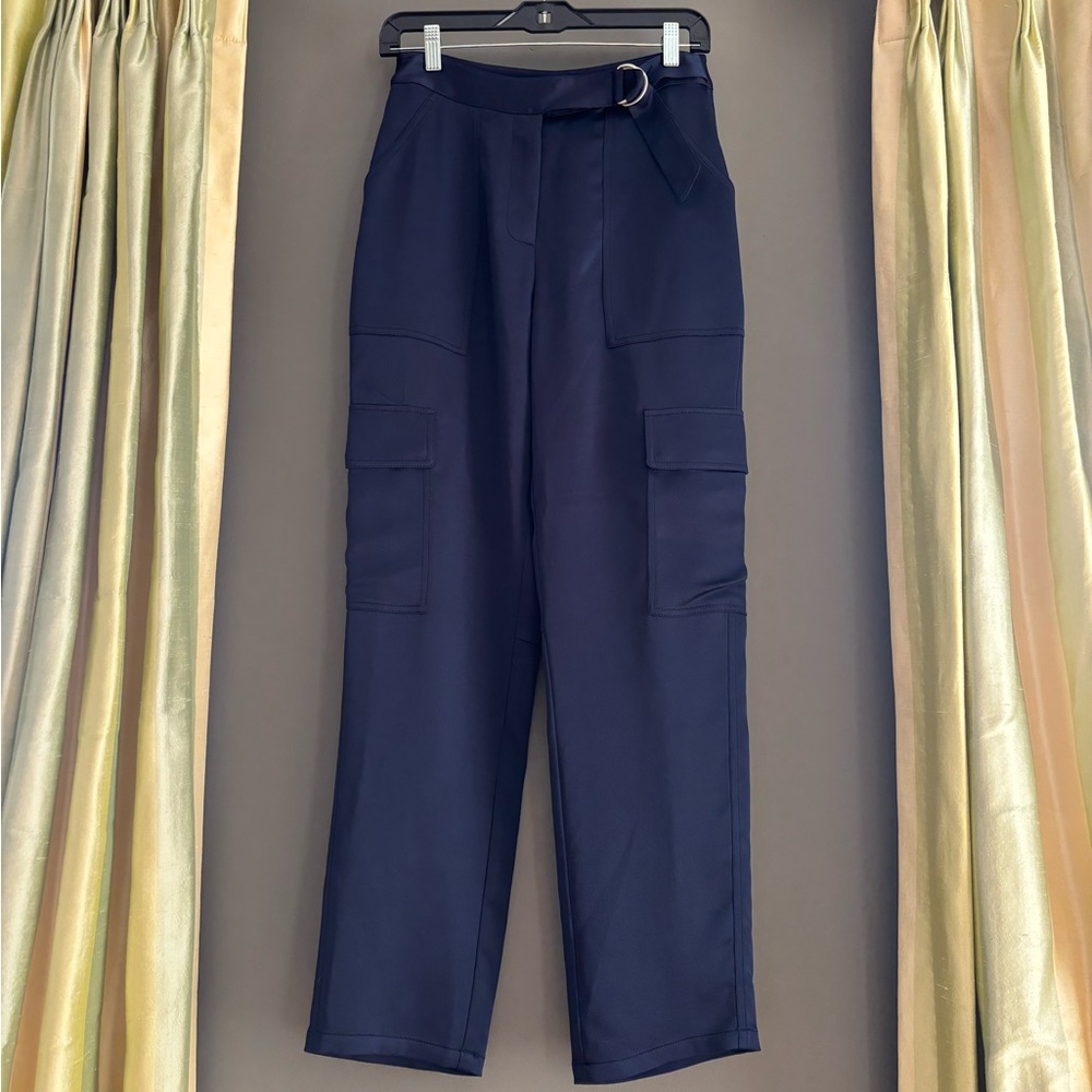 Women's Navy Silk Cargo Pants